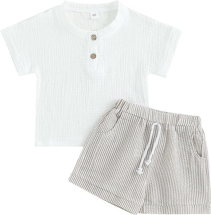fhutpw Baby Boys 2Pcs Summer Outfits Short Sleeve T-Shirt Tops Elastic Waistband Shorts Set Toddl... | Amazon (US)