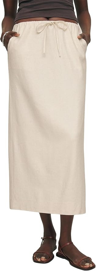 IDEALSANXUN Womens Cotton Linen Skirts Trendy Elastic Waist Drawstring Long Skirts with Slit | Amazon (US)