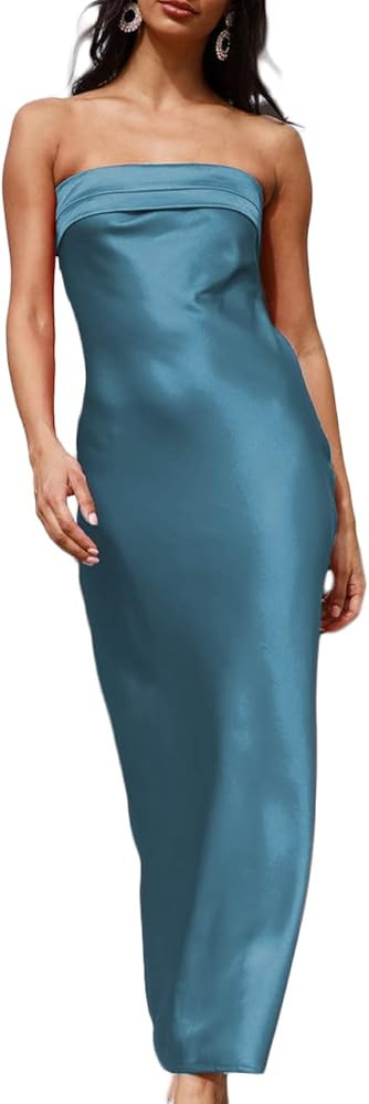 Realtix Satin Silk Backless Tube Tops Maxi Dress for Women Low Back Hollow Out Elegant Strapless ... | Amazon (US)