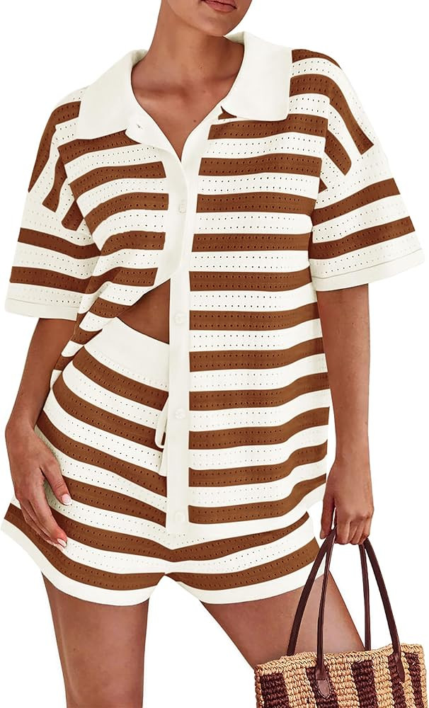 PRETTYGARDEN Women's 2 Piece Shorts Sets Casual Summer 2025 Short Sleeve Striped Sweater Set Matc... | Amazon (US)