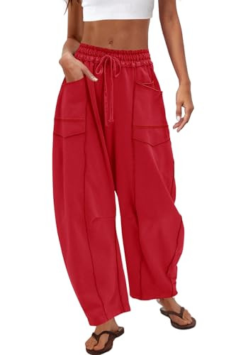 Nirovien Wide Leg Barrel Lounge Pants Women Baggy Barrel Pants Women Baggy Sweatpants Wide Leg Sweats(Bright Red,S) | Amazon (US)