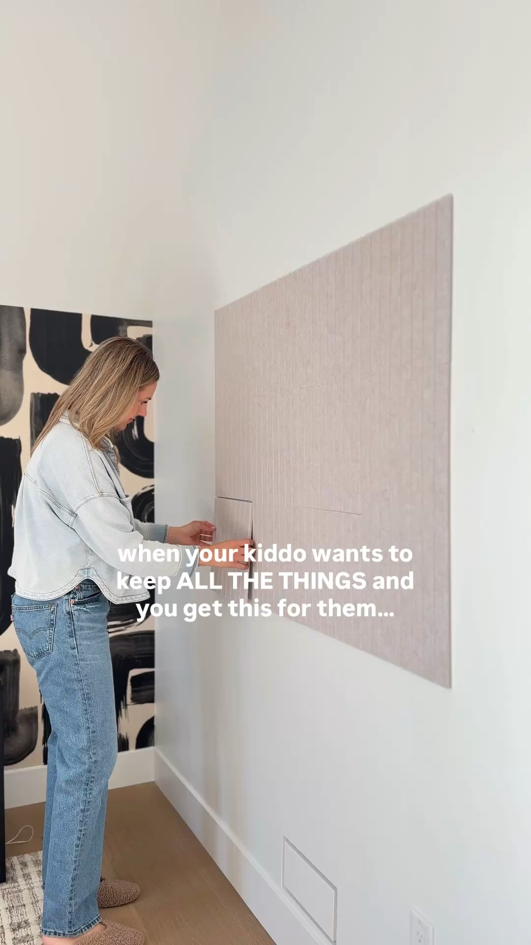 Felt stick on tiles for a cork board! Wallpaper is Rebel Walls

#LTKKids #LTKHome