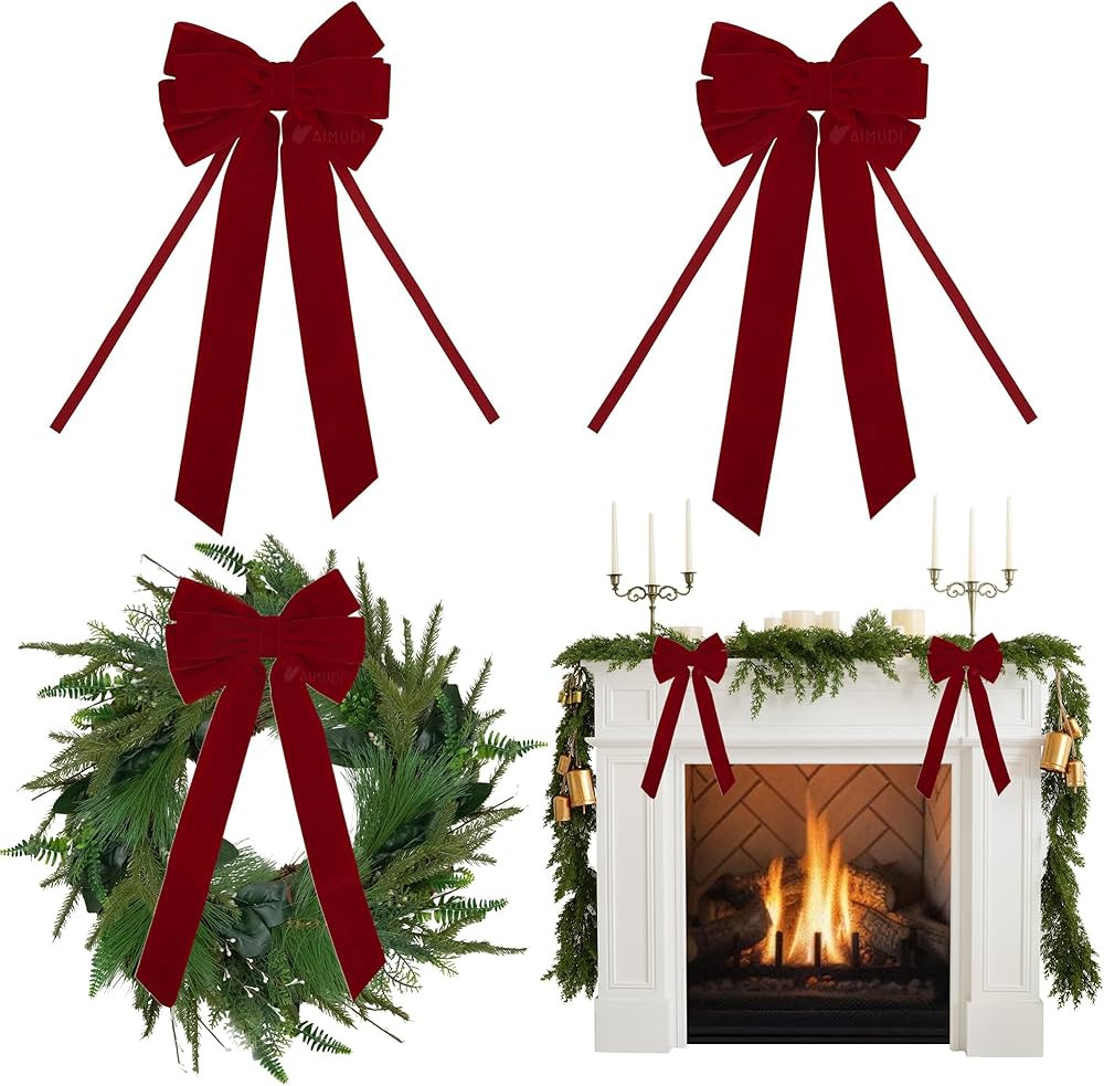AIMUDI Red Velvet Bows 6.5" x 15" Christmas Bows for Gift Wrapping Velvet Bows for Trees Holiday ... | Amazon (US)
