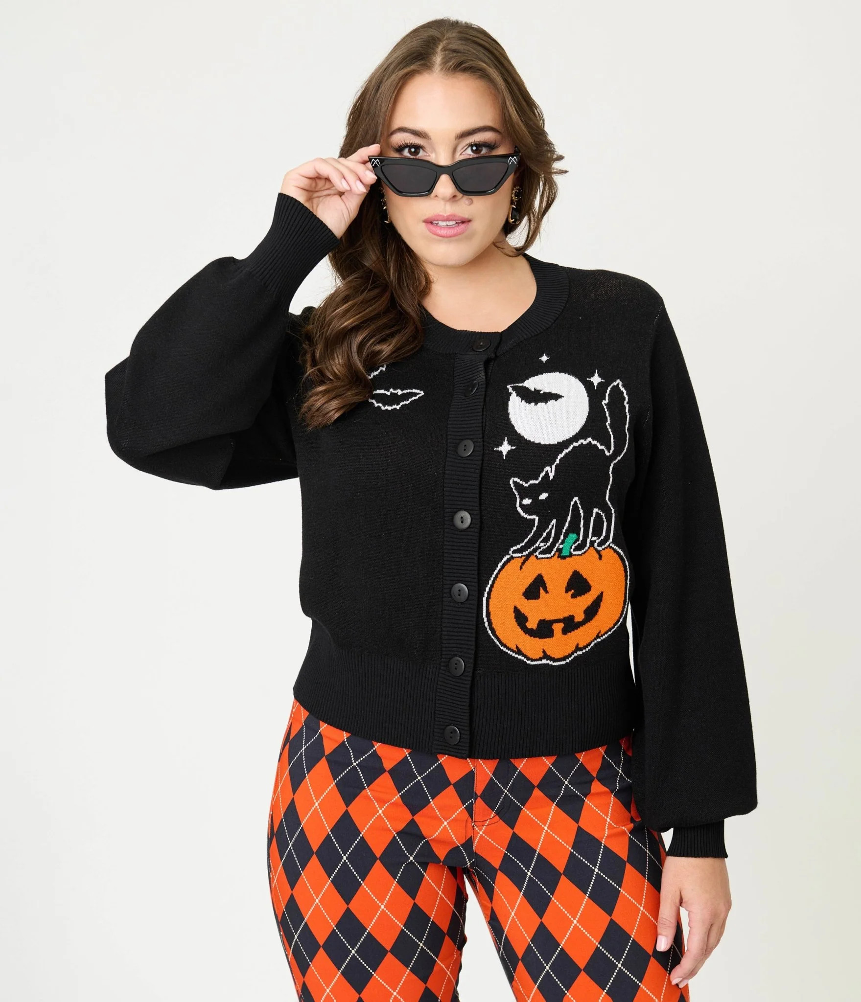 Unique Vintage Black Spooky Cat Cropped Cardigan | UniqueVintage