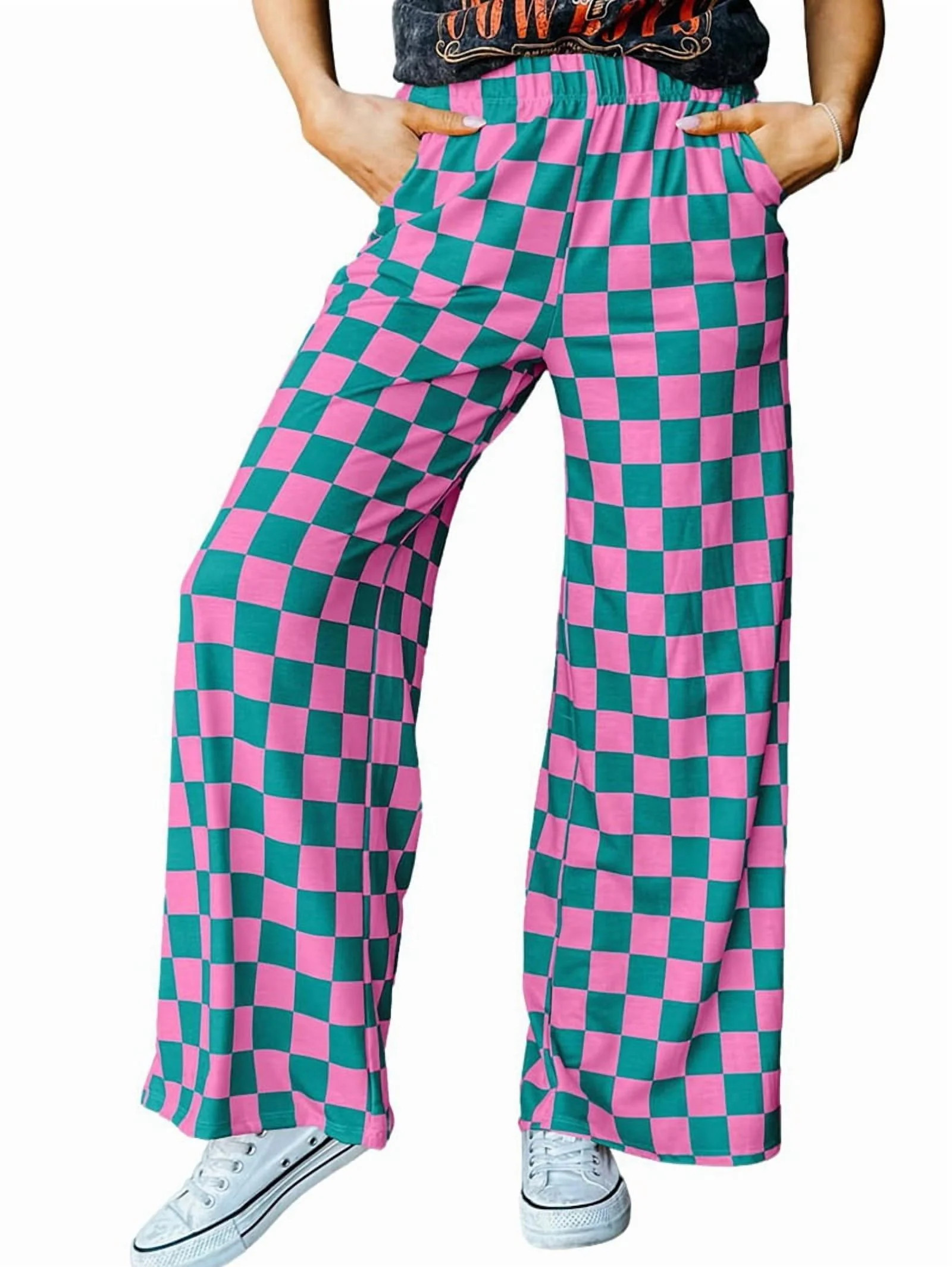 Women Casual Checkered Pants Elastic Waist Comfy Loose Wide Leg Pants with Pockets Pink Green pla... | Walmart (US)