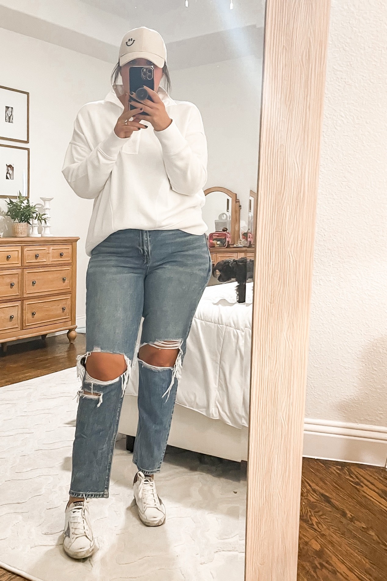 Loving these mom jeans from American eagle! 
Fall outfit, casual outfit, mom jeans, denim jeans, Henley pull over, sweatshirt, sneakers, ball cap, golden goose

#LTKsalealert #LTKSeasonal #LTKcurves