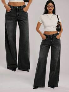 High waist slant pocket straight leg jeans  | SHEIN