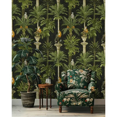 Tropical Lemur Jungle Wallpaper Ornate Greenery and Columns Exotic Nature Wall Mural | Wayfair North America