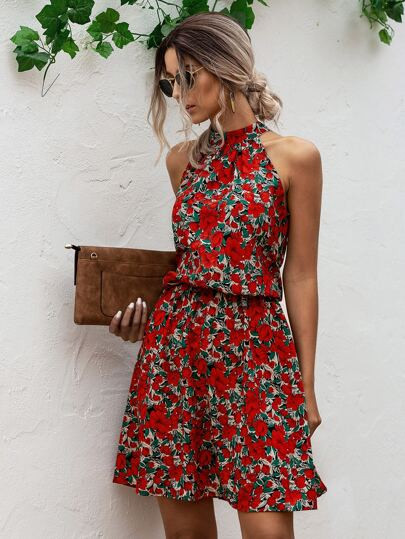Floral Print Halter A-line Dress | SHEIN