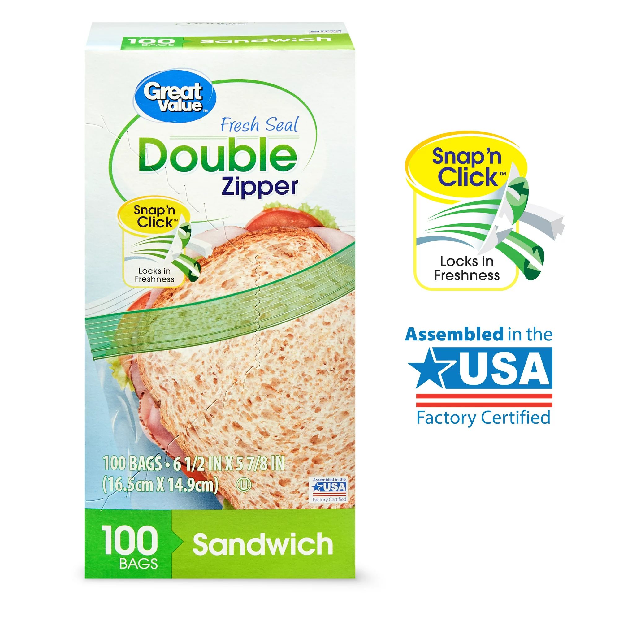 Great Value Fresh Seal Double Zipper Sandwich Bags, 100 Count | Walmart (US)