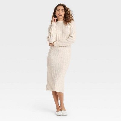Women&#39;s Long Sleeve Rib-Knit Sweater Dress - A New Day&#8482; Cream S | Target
