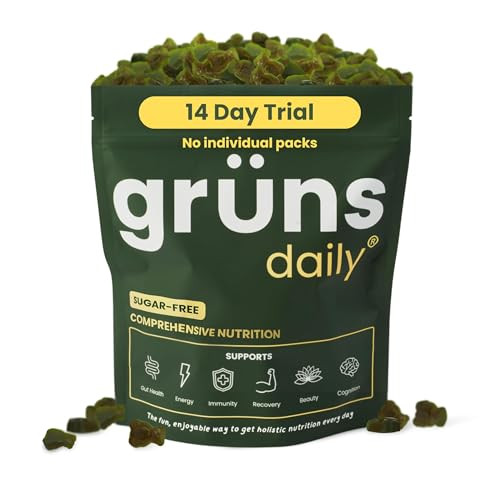 Gruns Adult Sugar-Free Super Greens Gummies - Superfood Gummy Bears with Spirulina, Chlorella & Prebiotics for Digestive Health - Adaptogens Supplement with 20 Vitamins & Minerals - 2-Week Supply | Amazon (US)