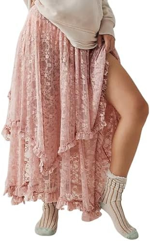 Yimoon Lace Skirts for Women Flowy Boho Maxi Skirt Elastic Asymmetrical Layered See-Through Long ... | Amazon (US)