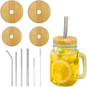 Picowe 4 Pack Mason Jar Lids with Straw Hole, Bamboo Mason Jar Lids for Wide and Regular Mouth Ma... | Amazon (US)