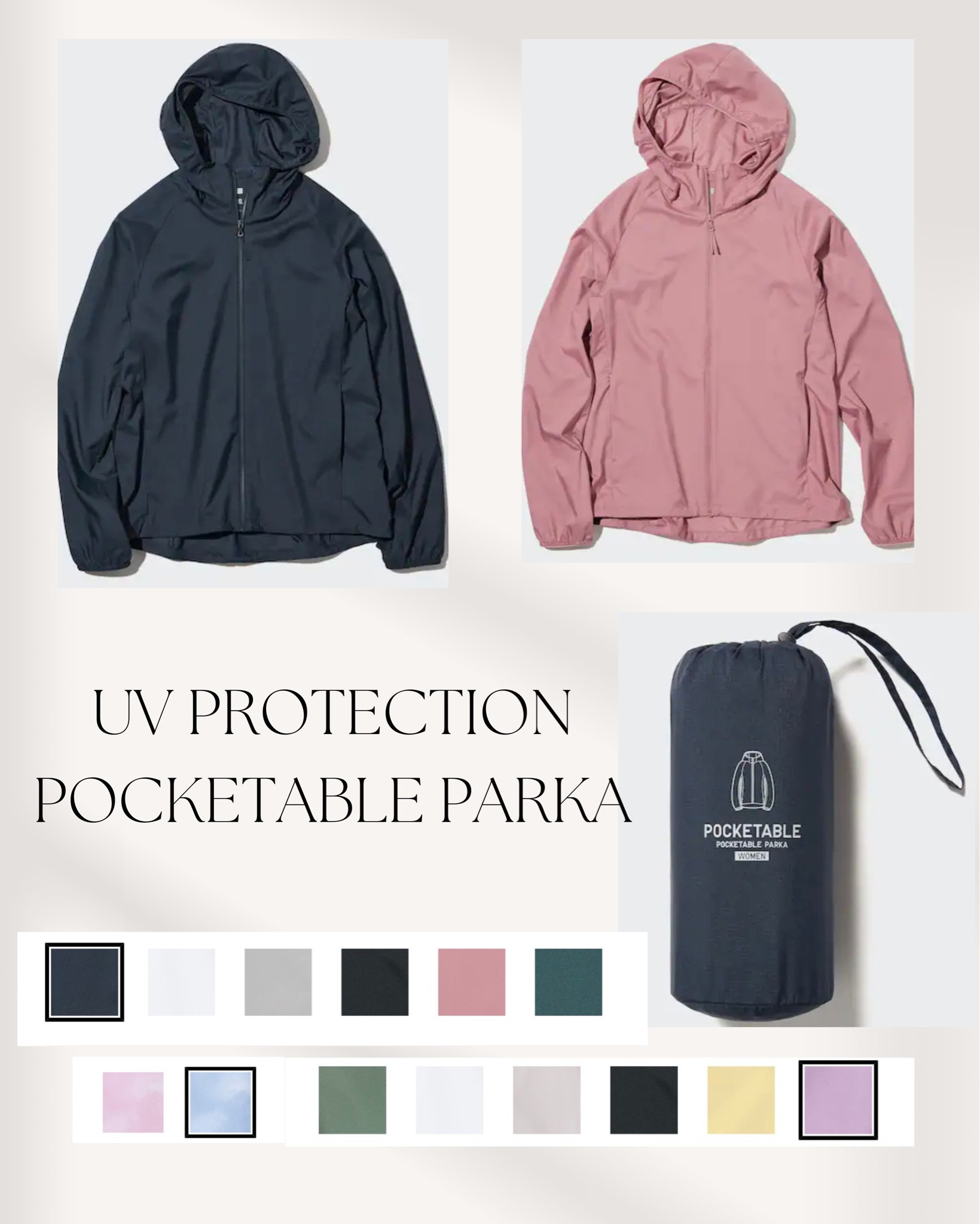 Love, love, love this light weight jacket. I have four of them and already feel like I TOTALLY need a few more. These are perfect for on the go and travel. Even in the summer I want a light weight jacket I can keep near. These are perfect and great color options.

Here’s what the company says about these jackets. 

- UV protection. 
- Durable water-repellent coating. 
- The hem is elastic and stoppered, so you can wear it two ways. 
- Raglan sleeves for easy arm movement. 
- The inner sleeves are connected to the sides and the cut is designed so that the arms can be moved easily. 
- The difference in the length of the hem from front to back makes it easy to wear with leggings. 
- Adjustable drawstring at the back of the hood. 
- It’s pocketable so you can keep it in your bag to use it anywhere, anytime. 
- It’s not only perfect for sports, but also in a wide range of everyday situations, from one-mile trips to yoga and walking. 