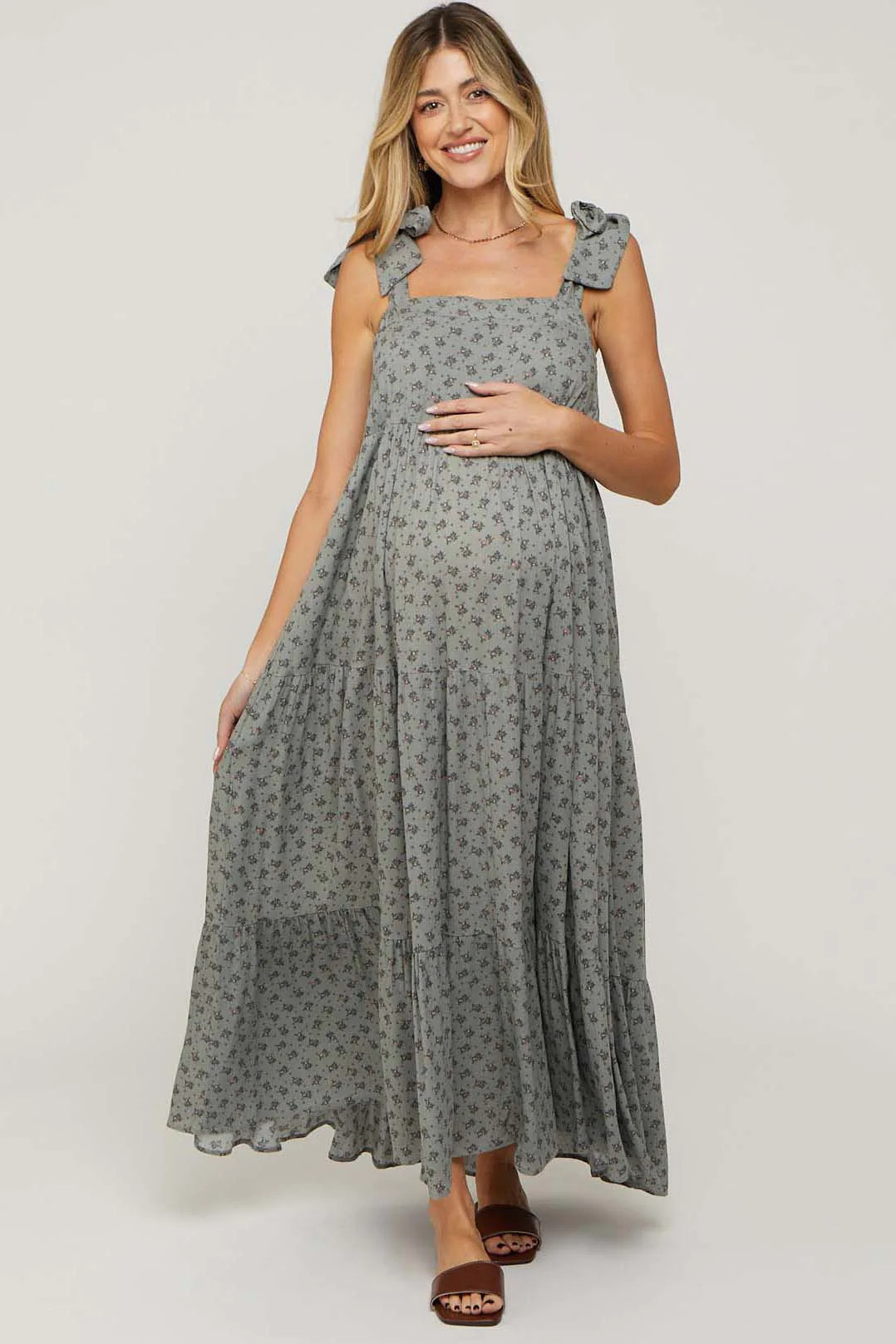 Taupe Floral Shoulder Tie Maternity Maxi Dress | PinkBlush Maternity