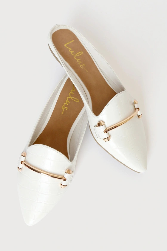 Chelsie White Crocodile Embossed Pointed-Toe Loafer Slides | Lulus (US)