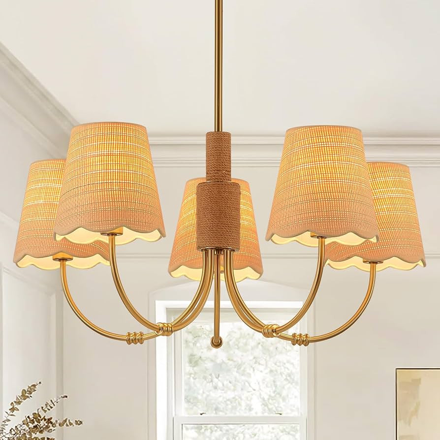 Boho Rattan Chandelier, Antique Brass Farmhouse Chandeliers, 5-Lights Coastal Pendant Light Fixtu... | Amazon (US)