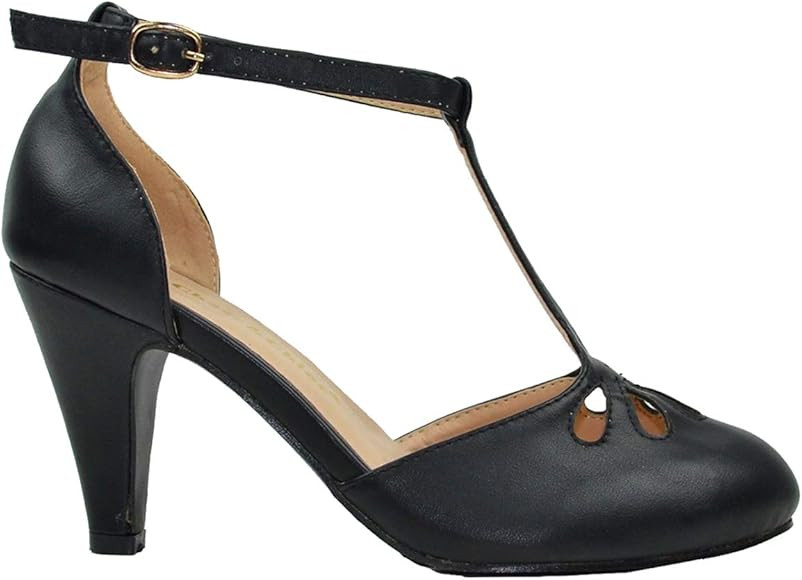 Chase & Chloe New Kimmy-36 Women's Teardrop Cut Out T-Strap Mid Heel Dress Pumps | Amazon (US)