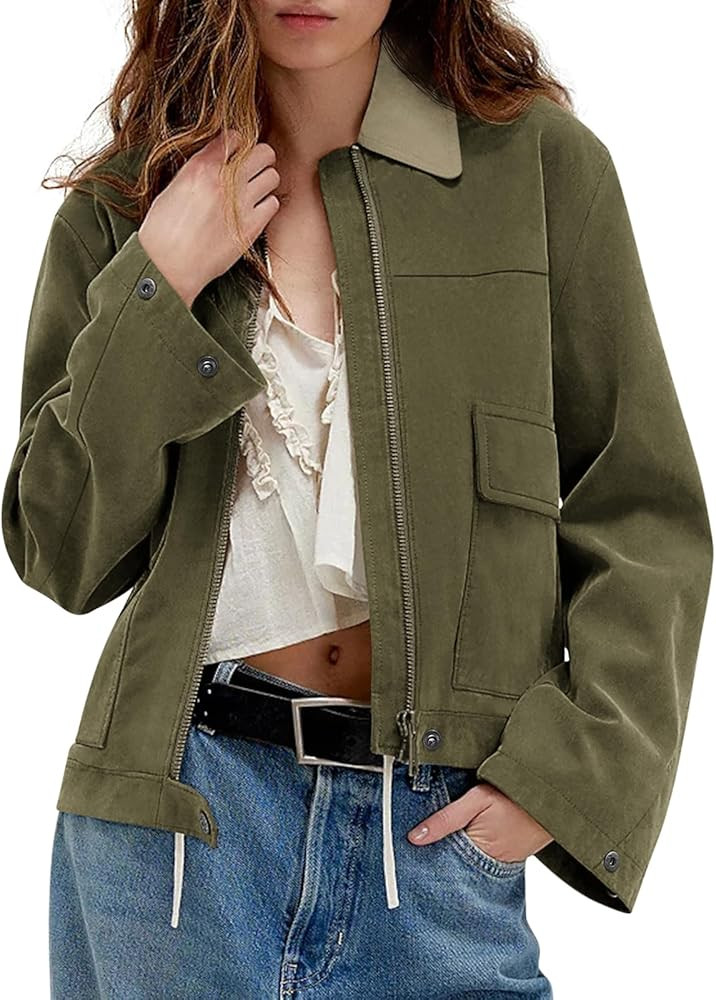 Women's Faux Suede Cropped Jacket Casual Zip Up Jackets Contrast Collar Fleece Winter Coats Outer... | Amazon (US)