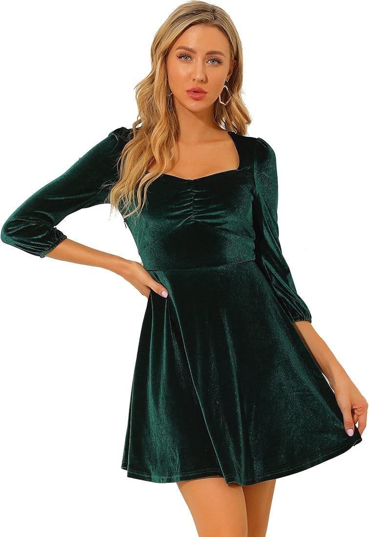 Allegra K Women's Halloween Party Dresses Vintage Square Neck 3/4 Sleeve Velvet Mini Dress | Amazon (US)