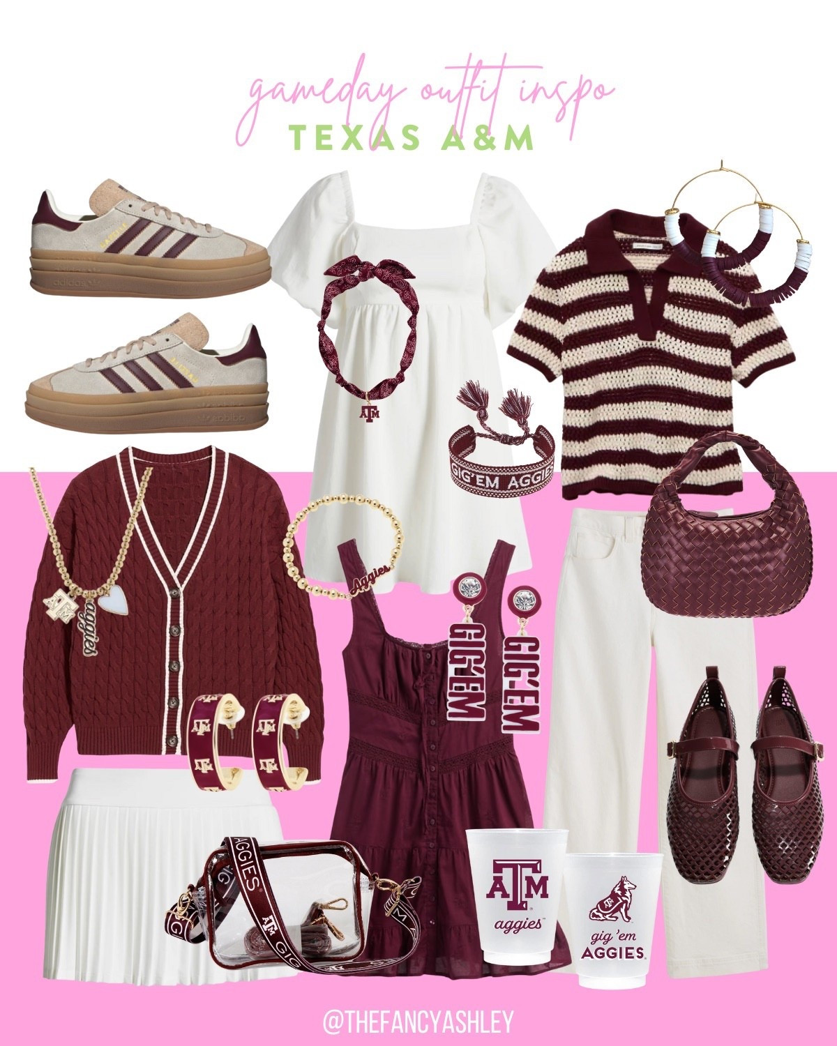 College Gameday Outfit Inspo: This maroon and white college gameday outfit inspo is Aggie perfection. SO cute and will have you cheering in style. Perfectly game day ready and totally Texas A&M vibes. #texasa&m #aggie #gig’em #collegegamedaystyle


#LTKParties #LTKU #LTKSeasonal