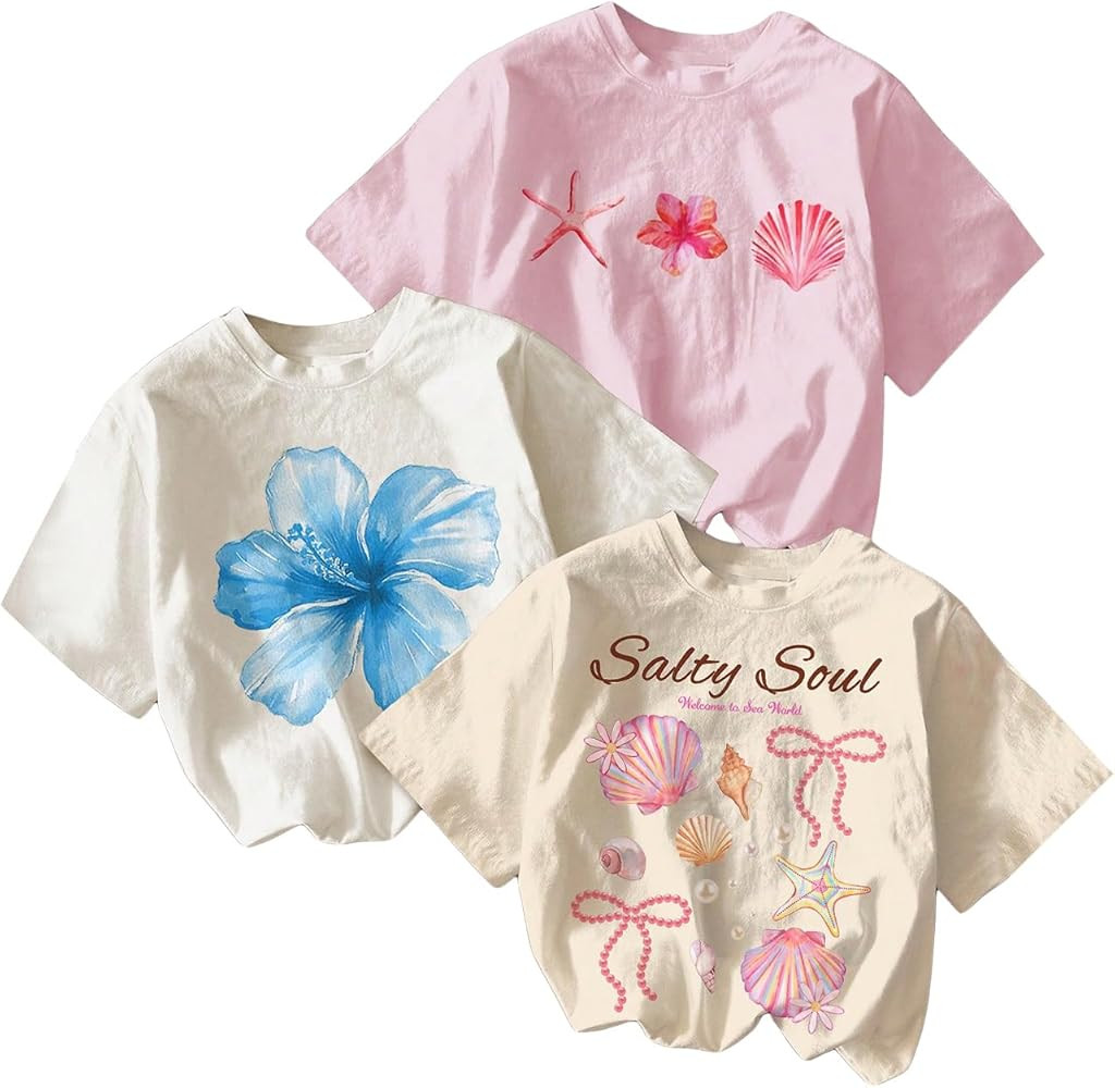 RoseSeek Girl's Bow Cherry Graphic Tees Short Sleeve Crewneck Cute T Shirts Tops for Teens Summer... | Amazon (US)