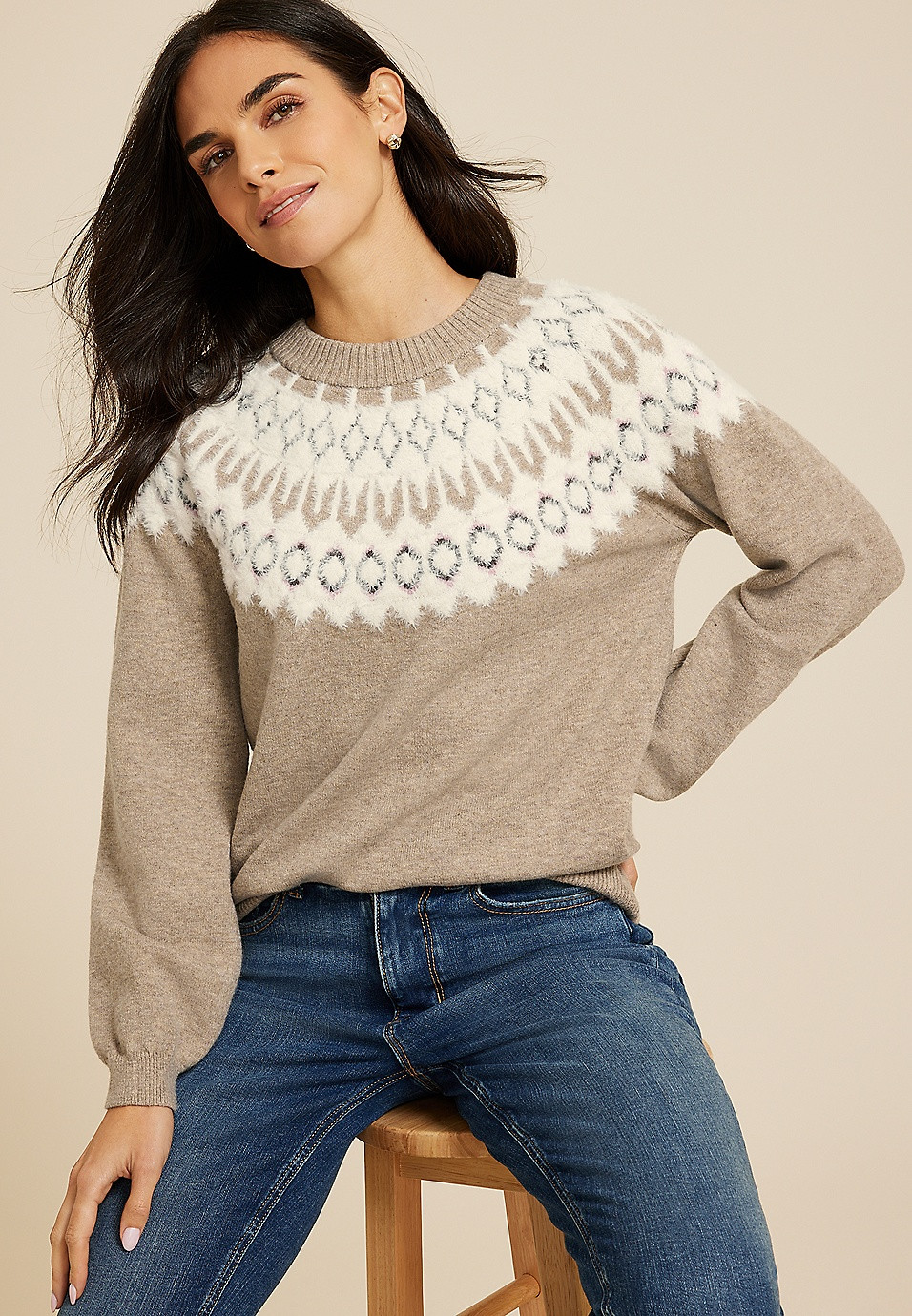 Fair Isle Eyelash Crew Neck Sweater | Maurices