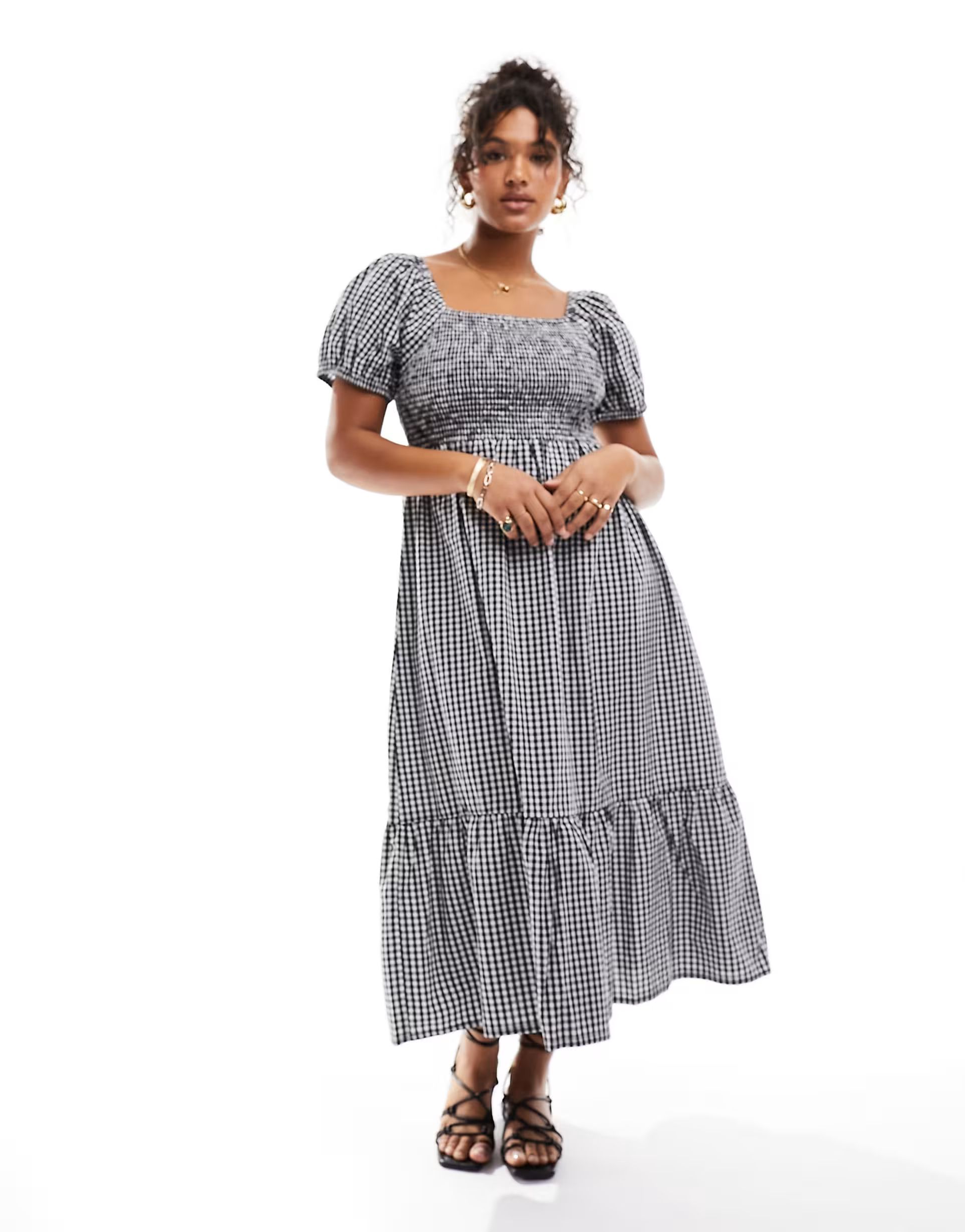 Esmee Plus beach puff sleeve ruched maxi dress in gingham | ASOS (Global)