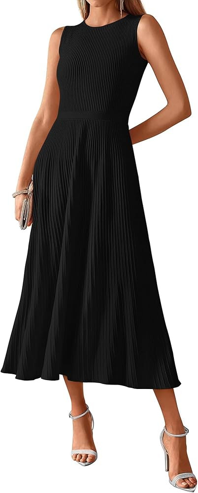 BTFBM Women's Midi Bodycon Tank Dress Summer Crewneck Rib Knit Sleeveless Pleated Swing A Line Bu... | Amazon (US)