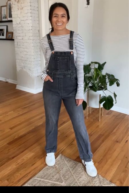 Overalls styled. Long sleeve striped shirt. Stripe long sleeve. Black overalls. Denim overalls. Fall overalls. White sneakers. Veja sneakers. Velcro sneakers 

#LTKunder50 #LTKunder100 #LTKstyletip