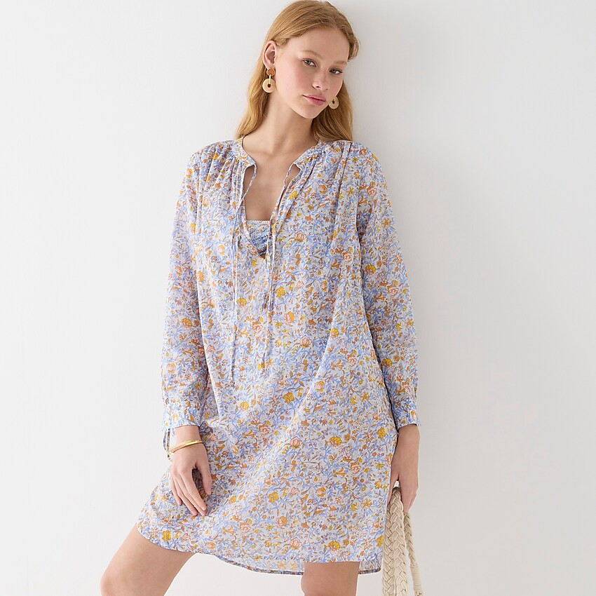 Tie-waist cotton voile beach tunic dress in afternoon floral | J. Crew US