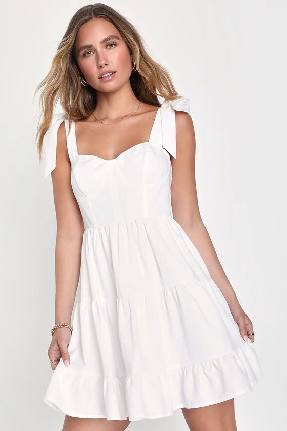 Tier-ly Delightful White Tie-Strap Tiered Bustier Mini Dress | Lulus