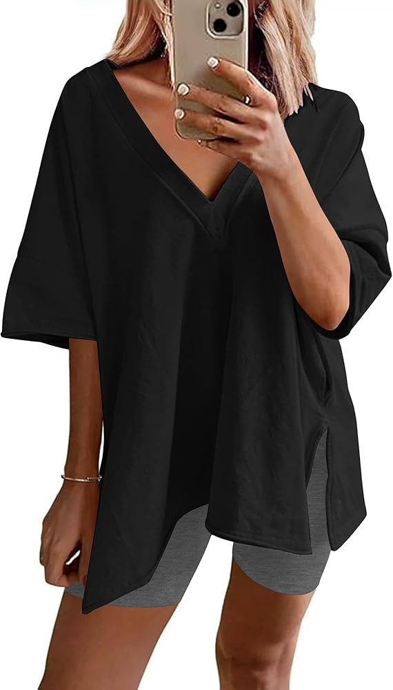 Ekouaer Womens Pajamas 2 Piece Lounge Sets Oversized V Neck T-Shirts Tops Biker Shorts Set Workou... | Amazon (US)