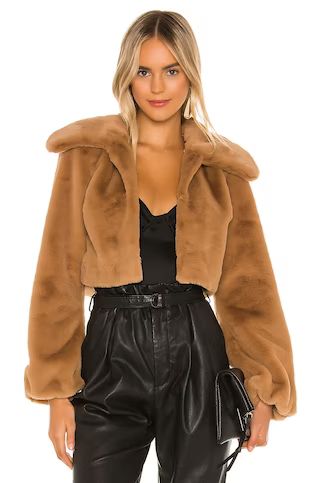 Camila Coelho Cleobella Cropped Faux Fur Jacket in Light Walnut from Revolve.com | Revolve Clothing (Global)