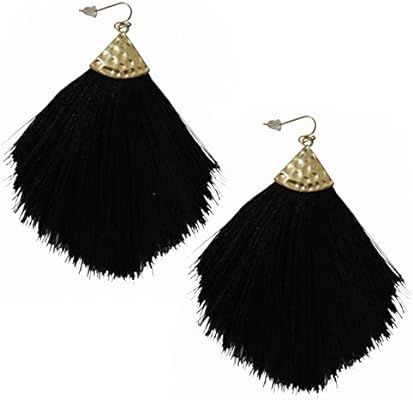 Colorful Tassel Earrings Bohemian Silky Thread Strand Feather Shape Fan Fringe Tassel Statement D... | Amazon (US)