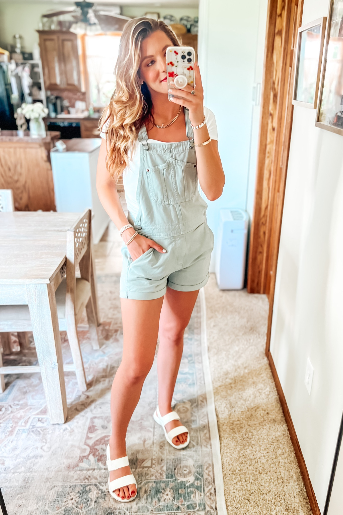 Casual summer outfit feathuring sage green overalls and the most comfortable croc sandals that aren’t ugly as all get out!! Everything is on major sale - linking overalls in the other colors I want to grab! This would be so cute going into fall with a long sleeve body suit and a sweater! 

#LTKunder50 #LTKsalealert #LTKSeasonal