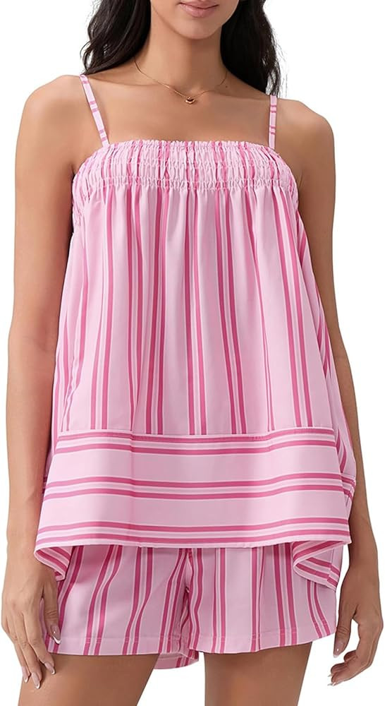Wyeysyt Women 2 Piece Lounge Set Striped Pajama Set Ruffle Hem Cami Tops and Stripe Boxer Shorts ... | Amazon (US)