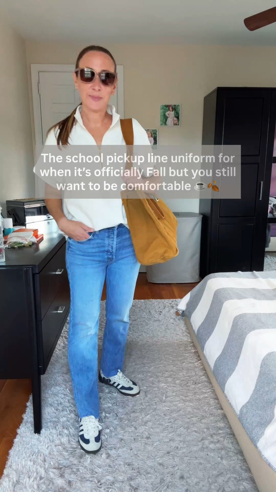 School pickup line, but make it intentional 🤪☕️🍂

When the afternoon rush hits and you need to get out the door in under 60 seconds, a cozy quarter-zip and your favorite straight denim is the ultimate no-brainer uniform formula.

It keeps you completely comfortable for running around with the kids, but adding structured sneakers and a great slouchy bag makes the basics look entirely styled and put-together. Comfort-focused, casual, and 100% mom-life approved.

✨ Want the exact links to this cream quarter-zip, straight denim, and Adidas sneakers? Comment OUTFIT below and I’ll send the links straight to your inbox!
.
.
.
.
.
#schoolpickupstyle #casualmomoutfits #busymomstyle #everydaymomstyle #outfitideasformoms fallbasics straightlegdenim shopmy adidassamba quarterzip transitionalstyle njmom comfystyle