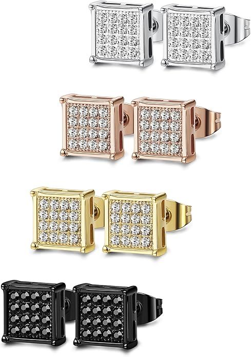 FIBO STEEL 4-8 Pairs Stainless Steel Stud Earrings for Men Women Square CZ Earrings,6-8MM | Amazon (US)