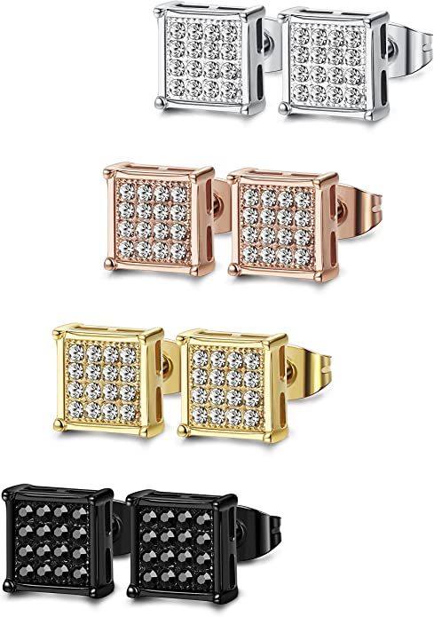 FIBO STEEL 4-8 Pairs Stainless Steel Stud Earrings for Men Women Square CZ Earrings,6-8MM | Amazon (US)