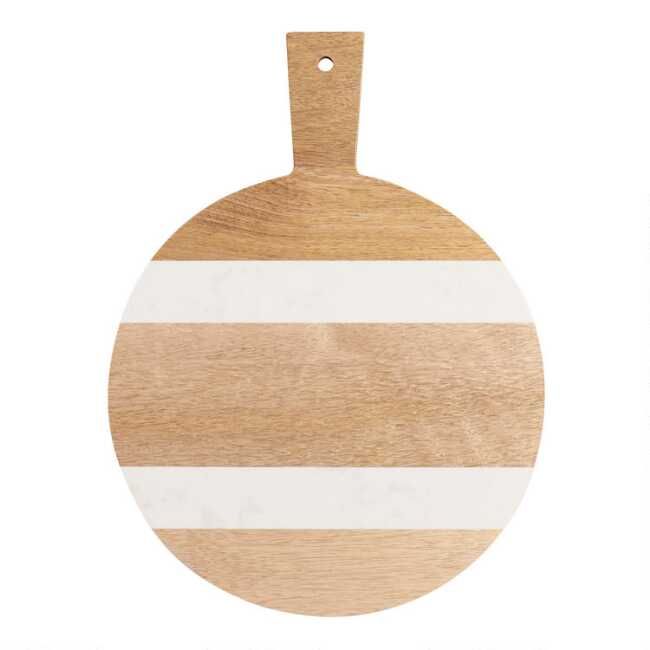 Small Round Wood and White Marble Paddle Cutting Board | World Market