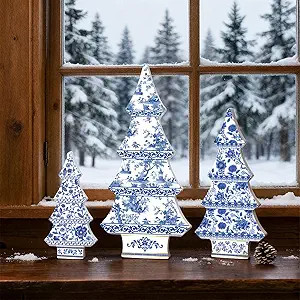 3 Pcs Chinoiserie Christmas Trees Decor Blue and White Christmas Tabletop Decorations Wood Chinoi... | Amazon (US)
