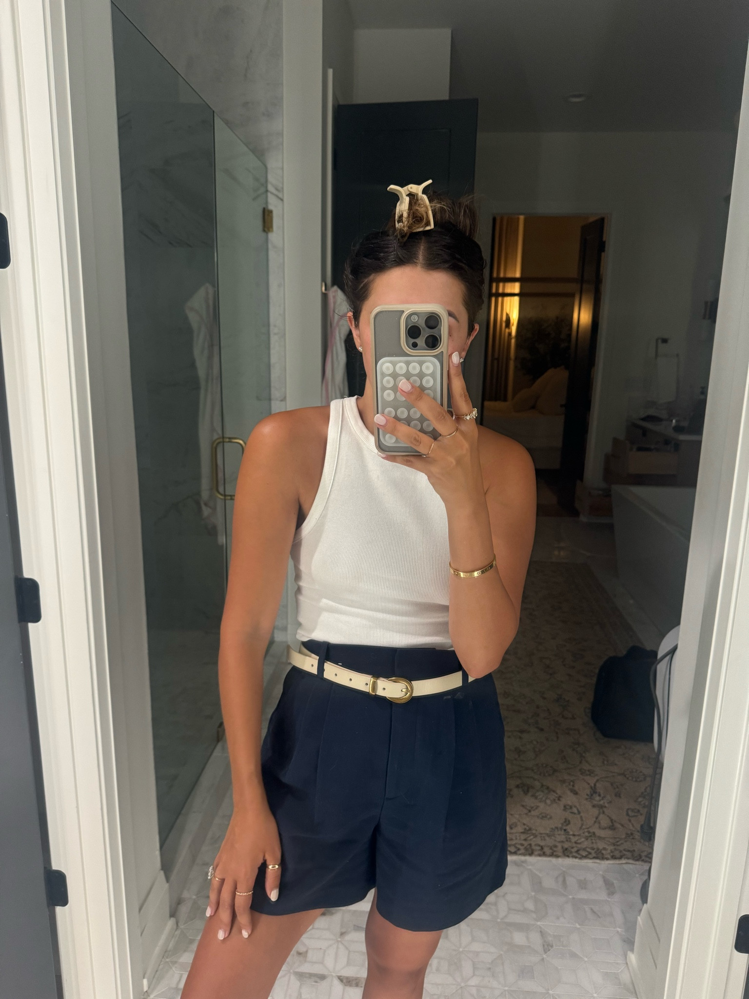 Top: medium 
Shorts: 28 

I love the fit of abercrombies Sloan bottoms. They’re comfy but good put together look, their pants would be great for office wear!