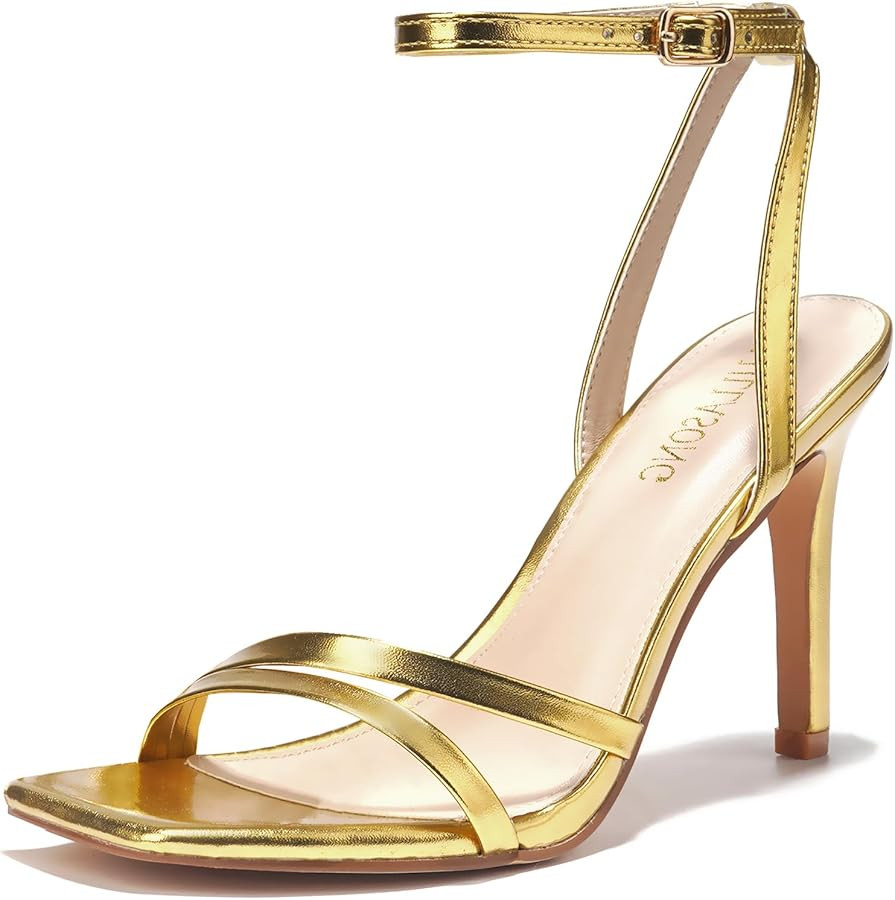 Women's Heels Strappy Ankle Strap High Heels 3.5 Inch Heeled Square Open Toe Sandals for Women | Amazon (US)