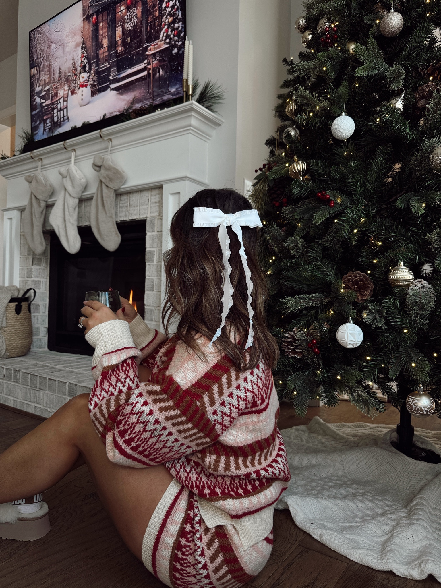 Cozy holiday sweater and short set with Ugg slippers and hair bow! Wearing a medium in set!

#LTKHoliday