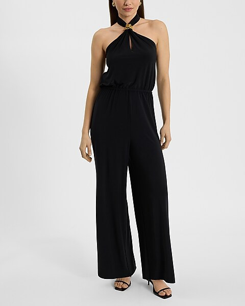 Halter Gold Hardware Elastic Waist Jumpsuit | Express