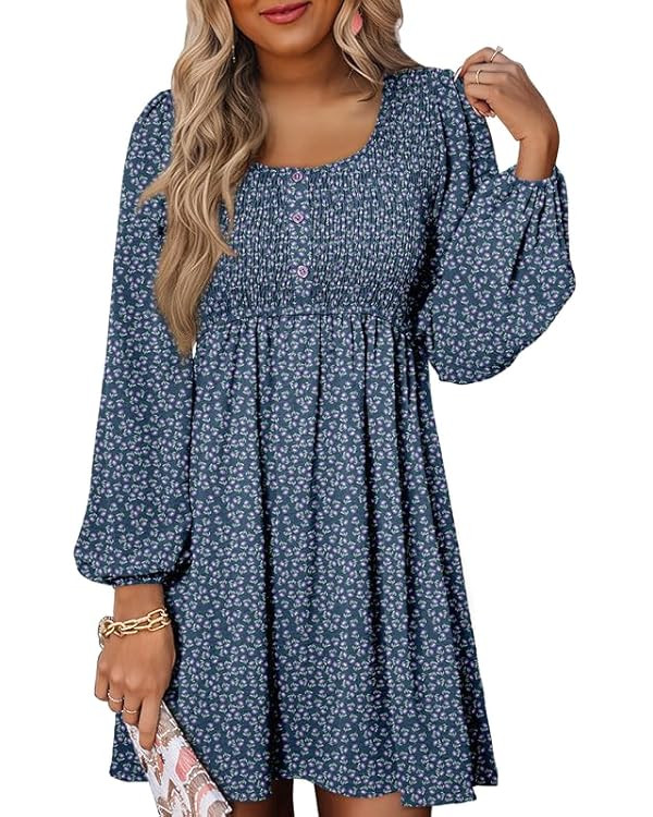 Dokotoo Womens 2025 Casual Dresses Smocked Crewneck Button Up Long Sleeve Empire Waist A-Line Min... | Amazon (US)