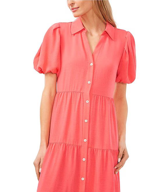Gauze Point Collar Short Puff Sleeve Button Front Tiered Midi Shirt Dress | Dillard's