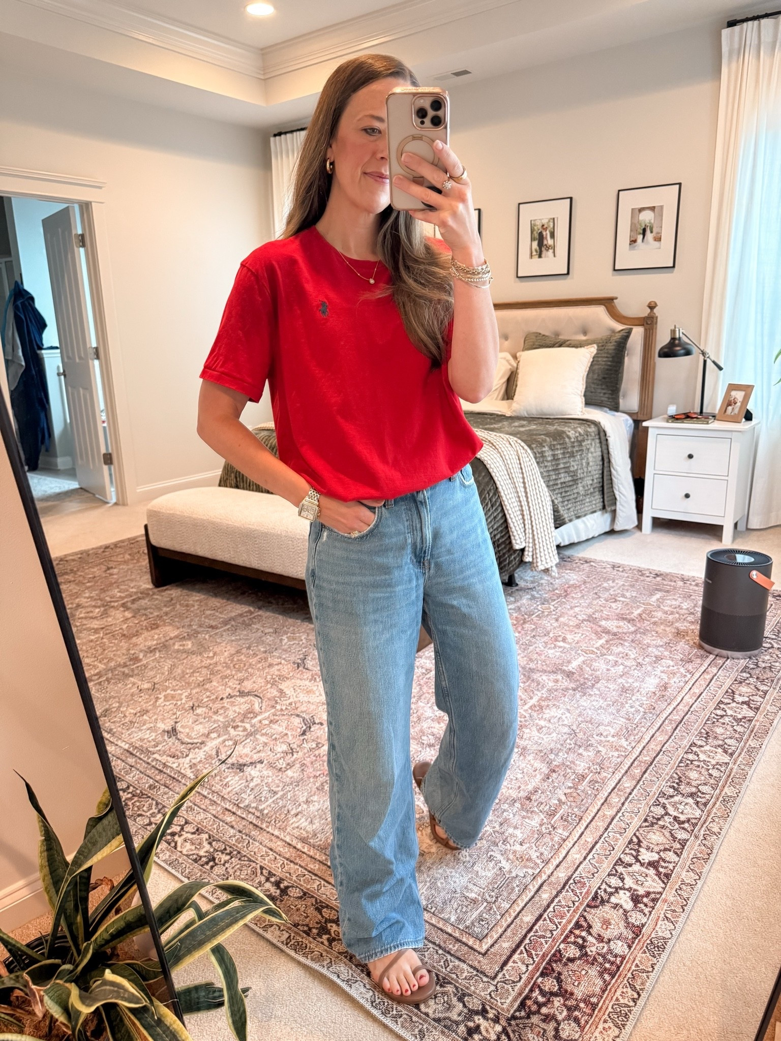 Simple tee + jeans outfit, but with a little color. Wearing a Ralph Lauren men’s crewneck tee in size small with relaxed light wash jeans and sandals. Easy summer mom outfit / casual capsule outfit for errands, weekend plans, or everyday wear.

#LTKootd #LTKmomlife #LTKgrwm